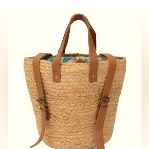 XIX Palms Woven Straw Tote Bag with Brown Leather Straps